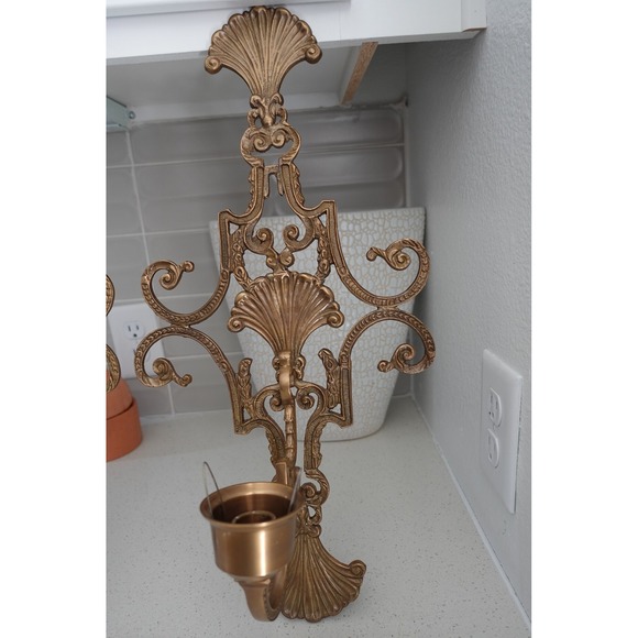 Vintage Gold Ornate Metal Candle Wall Sconces Pair Hollywood Regency Decor Set 2 - Picture 9 of 10